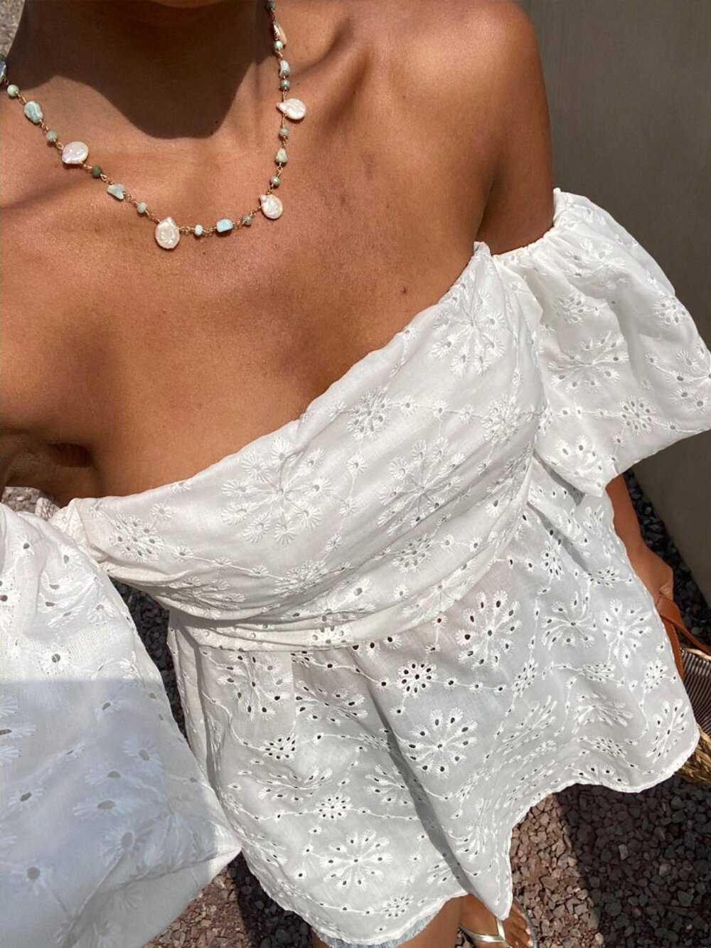 white Casual Women's Off-Shoulder embroidered empire Waist Shirt